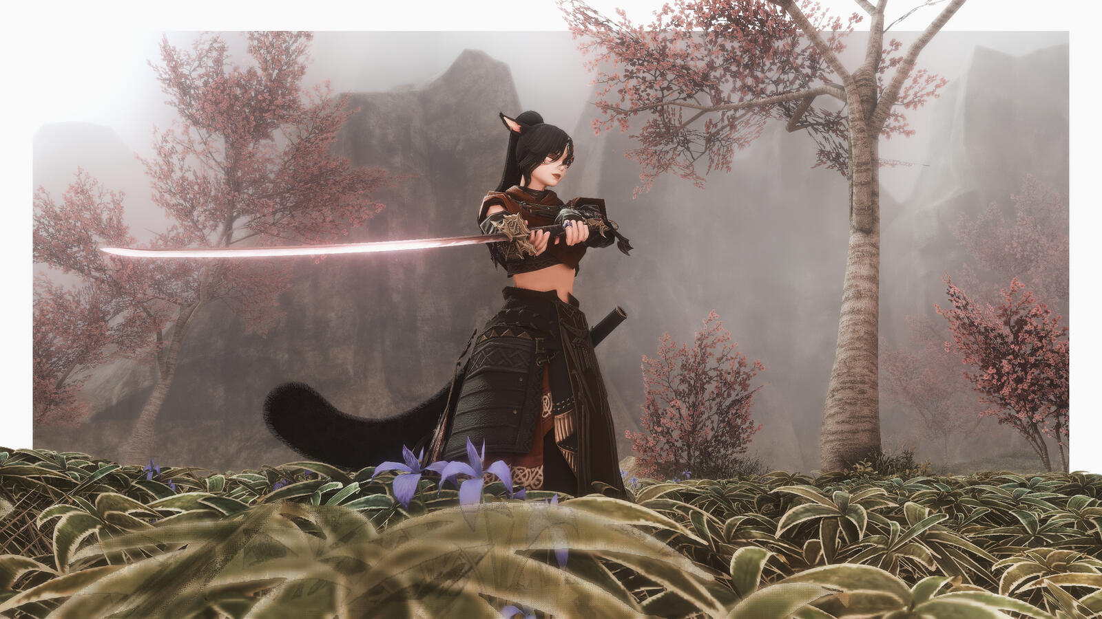 A screenshot depicting Tsubaki standing in an alcove, calmly holding her katana outwards. Her eyes are closed, as if she is concentrating.