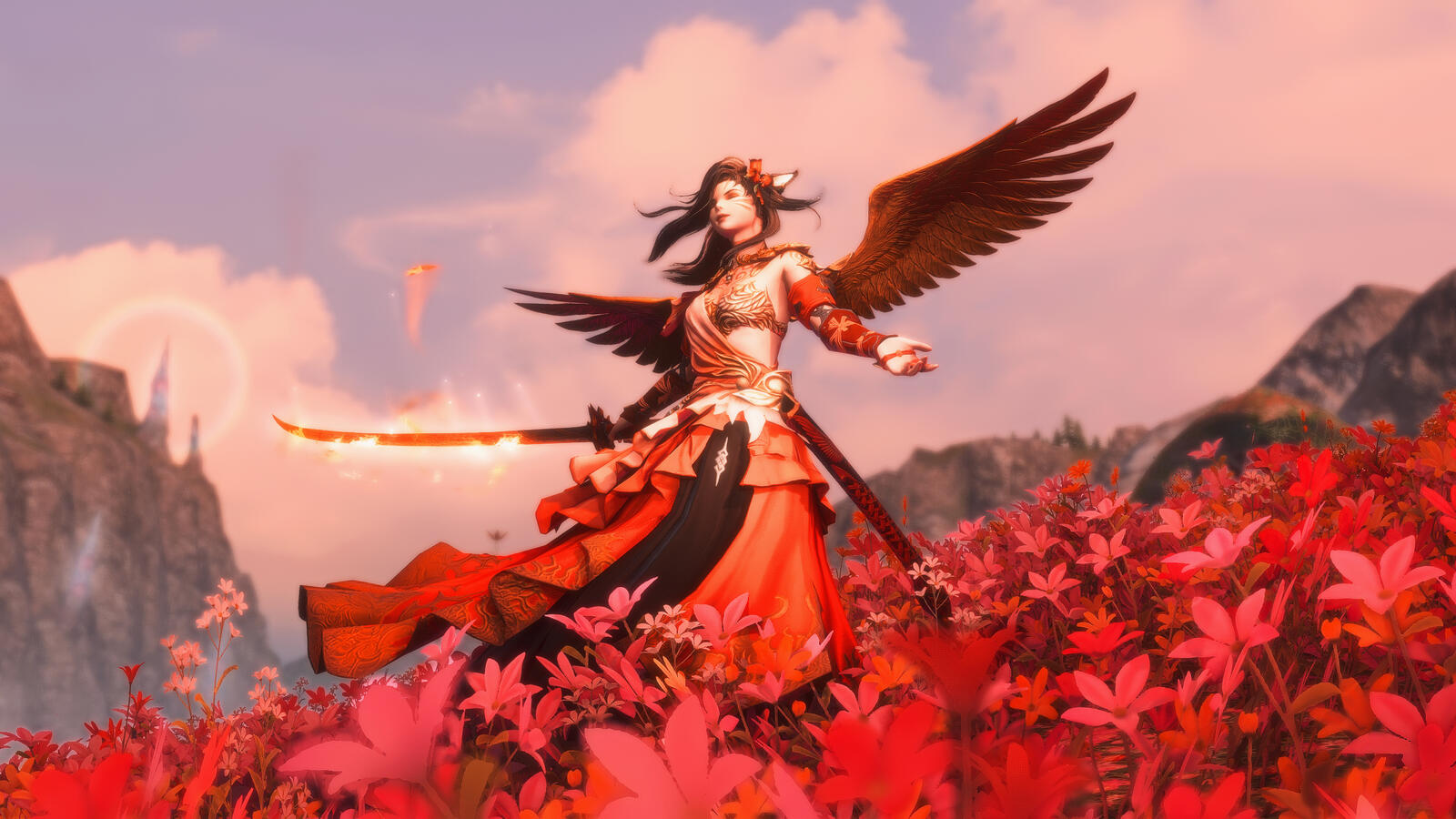 A screenshot depicting Tsubaki wearing Azeyma's garments in a field of red flowers. Her katana is drawn but to one side, both her hands low but spread. A breeze blows her dress and hair, and her wings are spread wide.