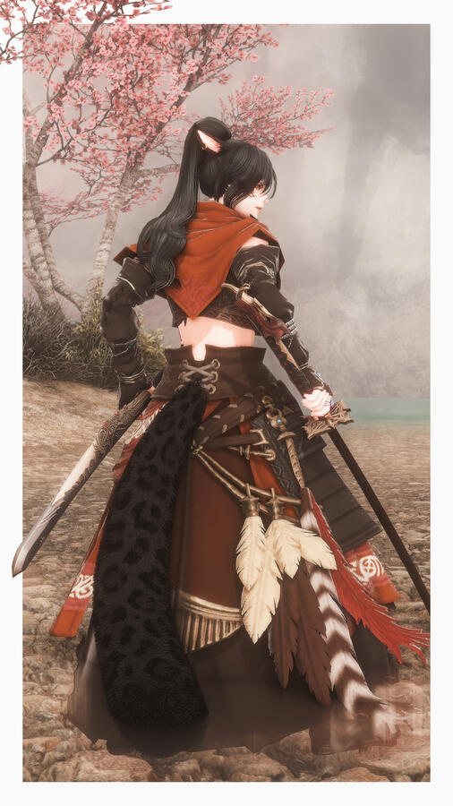 A screenshot depicting Tsubaki from behind. Her upper body is turned so that she can give a sideways glance to the viewer, and she wears a smirk on her face. Her katana is at her side, seeming as if it has just completed a swing.