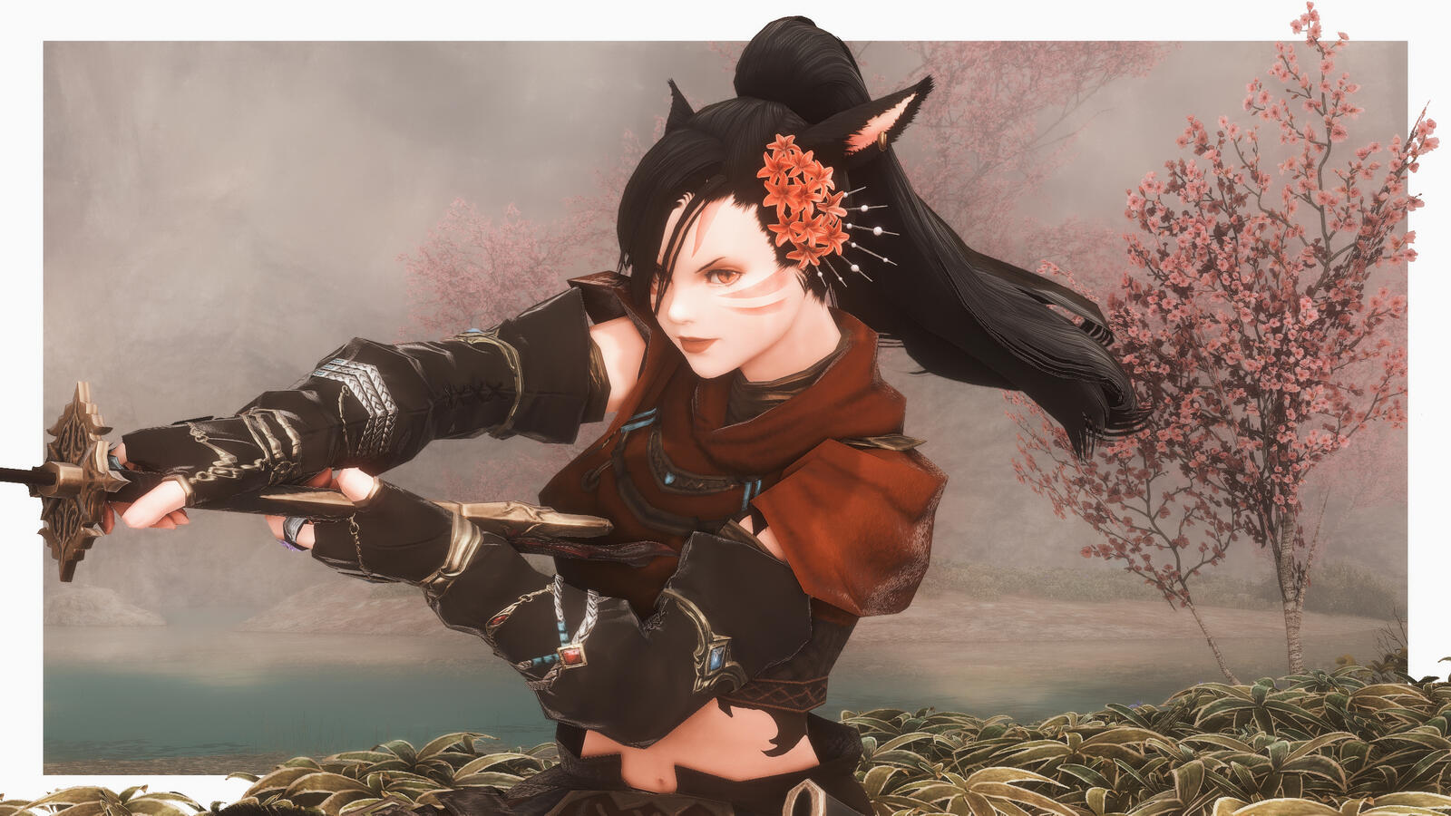 A screenshot dramatically depicting Tsubaki mid-swing. Her katana is to her side, and her long ponytail swishes with her momentum.