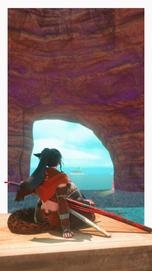 A screenshot depicting Tsubaki sitting on the docks of the Great Work, looking away from the viewer and into the distance. Her head is framed by the cliffside, and her posture is relaxed. Her katana sits on her lap.